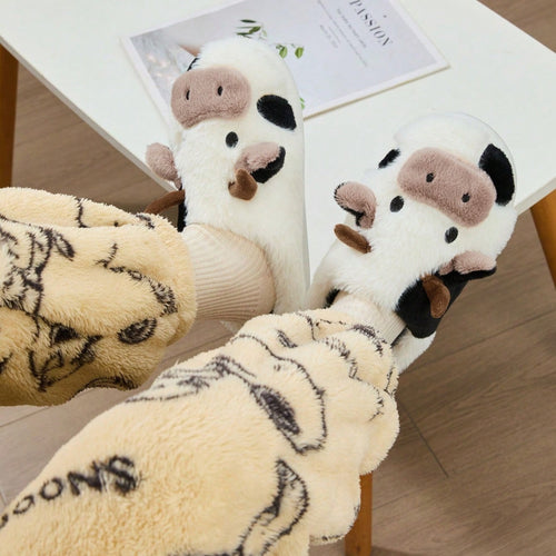 Cozy Home Cute Cartoon Cow Plush Half- Slippers, Couple Matching Style, Thickened and Warm