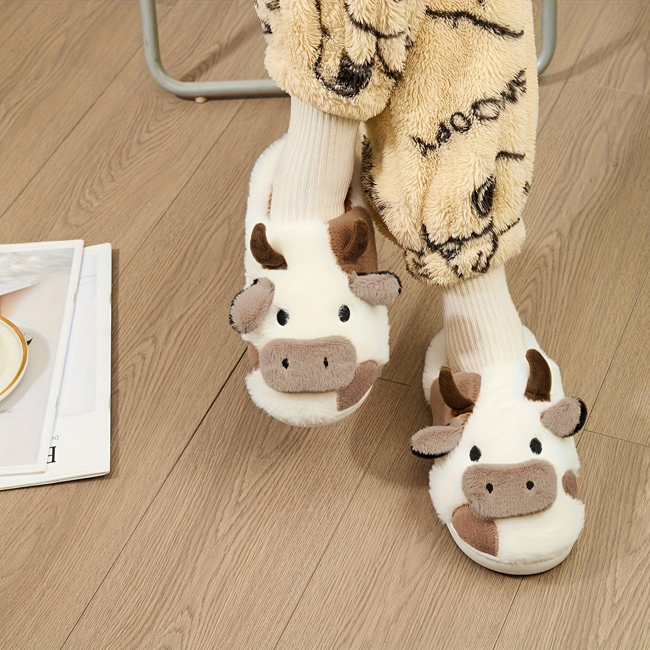 Cozy Home Cute Cartoon Cow Plush Half- Slippers, Couple Matching Style, Thickened and Warm
