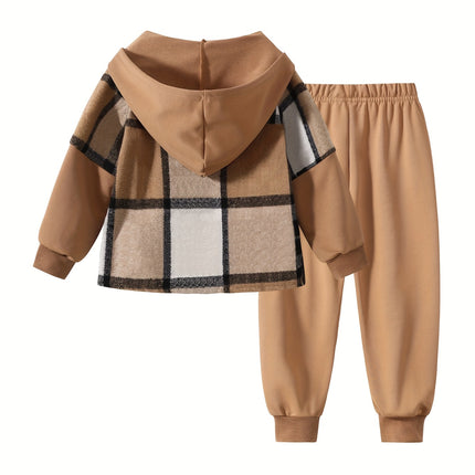 2pcs Fall/Winter Boys' Fashion Set New Arrival Boys' Clothing Long-Sleeve Plaid Hooded Sweatshirt Jacket Fashion Workwear Pants Set Ages 4-14 Holiday Gift Sports Set, for Outdoor