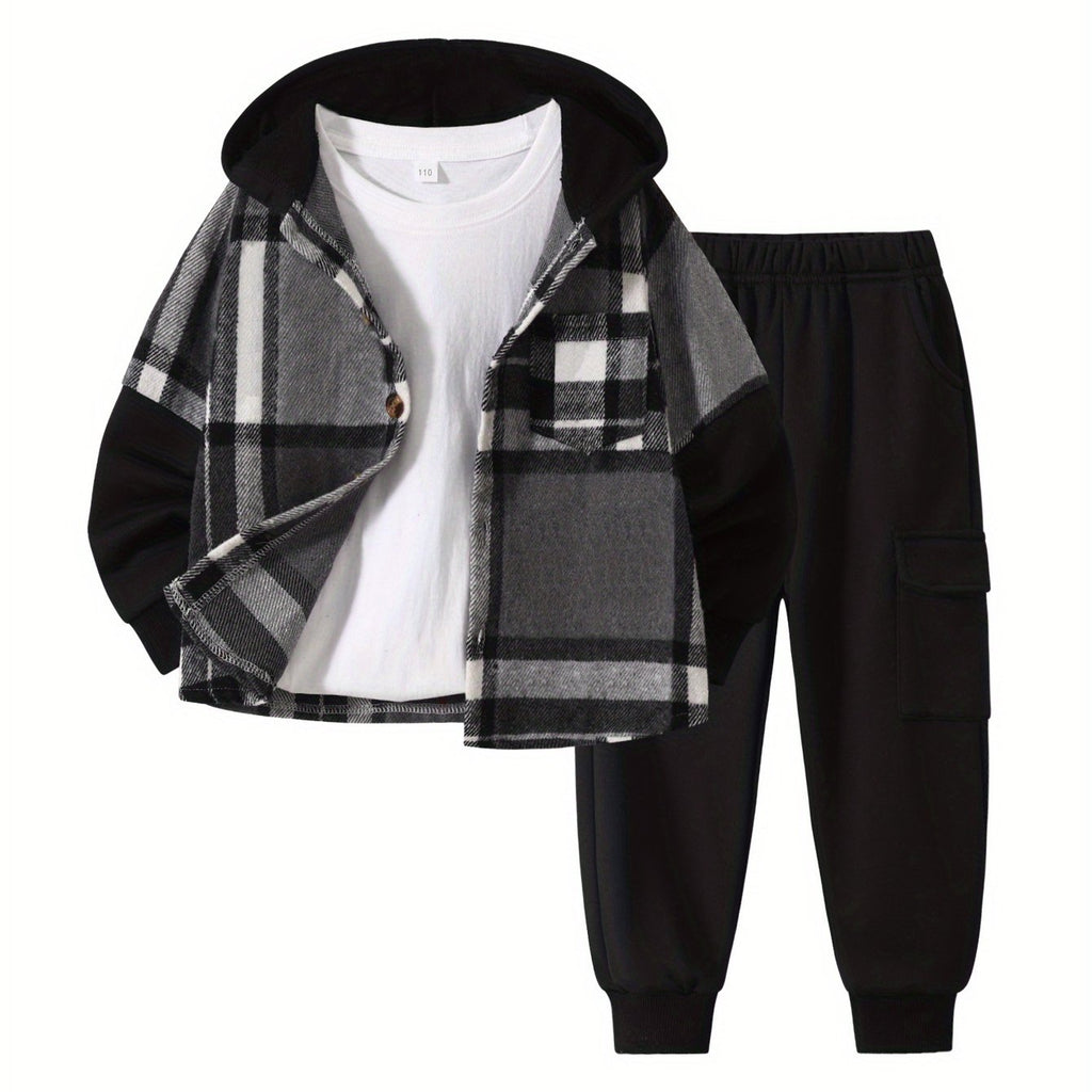 2pcs Fall/Winter Boys' Fashion Set New Arrival Boys' Clothing Long-Sleeve Plaid Hooded Sweatshirt Jacket Fashion Workwear Pants Set Ages 4-14 Holiday Gift Sports Set, for Outdoor