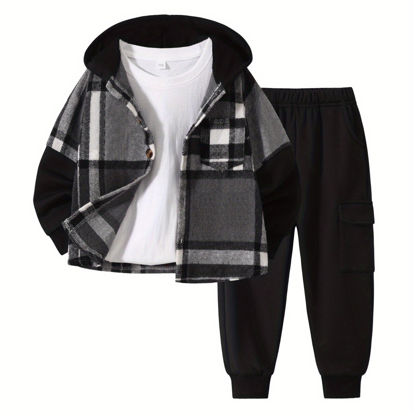 2pcs Fall/Winter Boys' Fashion Set New Arrival Boys' Clothing Long-Sleeve Plaid Hooded Sweatshirt Jacket Fashion Workwear Pants Set Ages 4-14 Holiday Gift Sports Set, for Outdoor