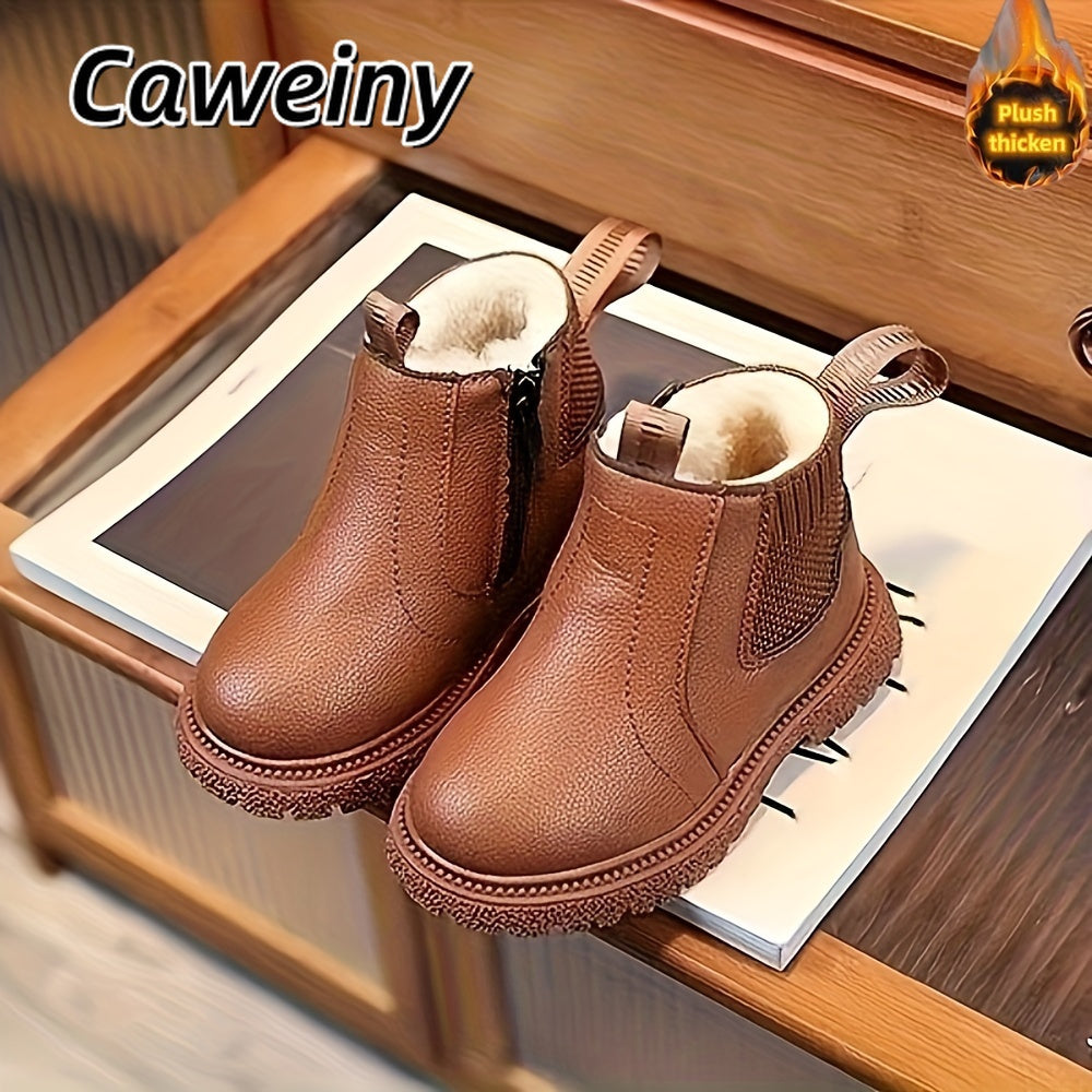 Botas De Nieve Sólidas Para Niños Con Forro De Felpa Cálido, Zapatos Cómodos, Informales, Antideslizantes Y Duraderos Para Actividades Al Aire Libre Para Niños