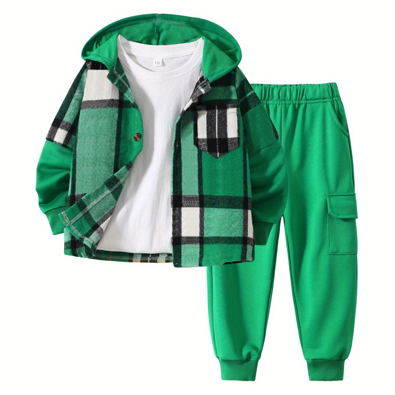 2pcs Fall/Winter Boys' Fashion Set New Arrival Boys' Clothing Long-Sleeve Plaid Hooded Sweatshirt Jacket Fashion Workwear Pants Set Ages 4-14 Holiday Gift Sports Set, for Outdoor