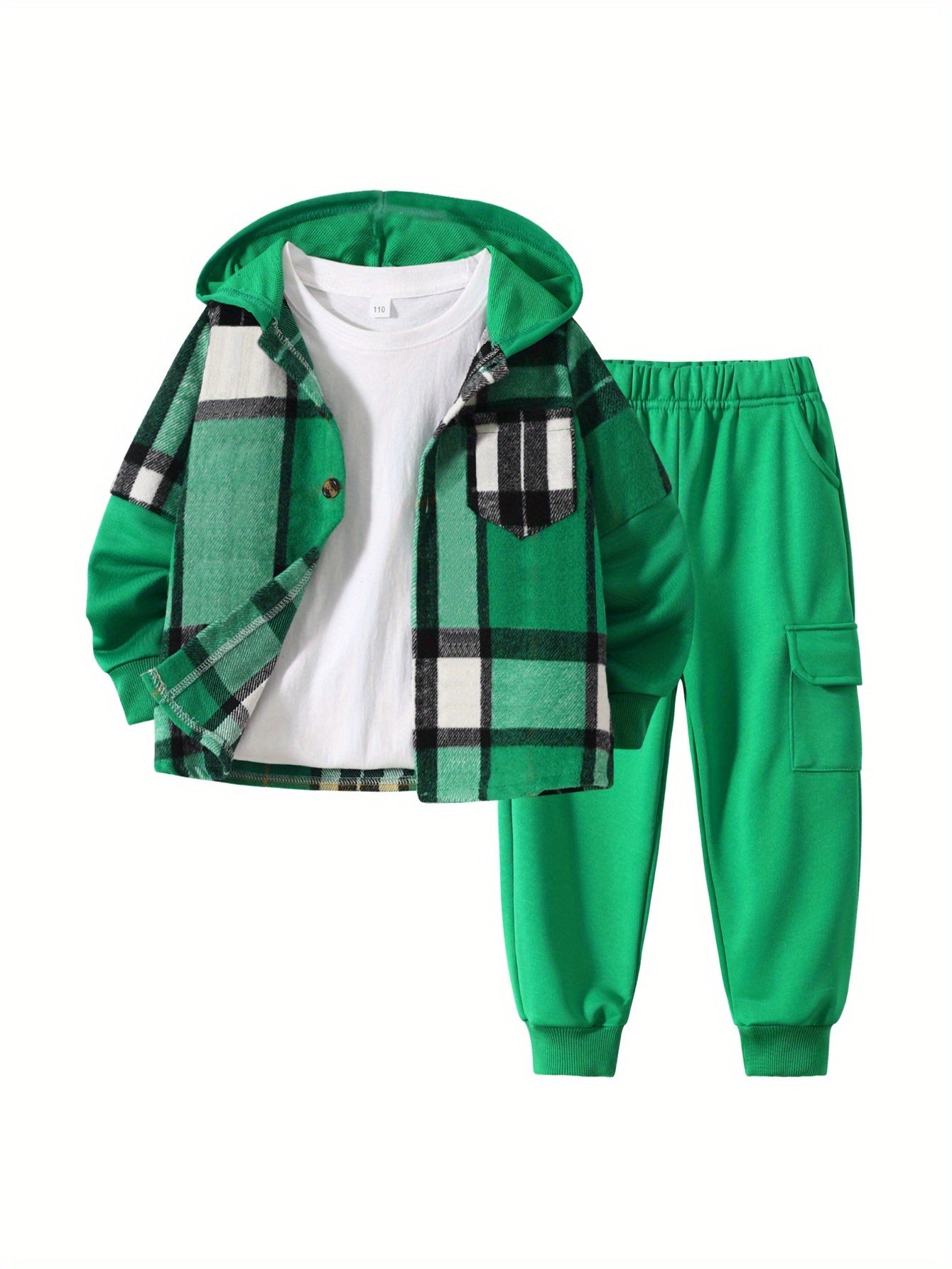 2pcs Fall/Winter Boys' Fashion Set New Arrival Boys' Clothing Long-Sleeve Plaid Hooded Sweatshirt Jacket Fashion Workwear Pants Set Ages 4-14 Holiday Gift Sports Set, for Outdoor