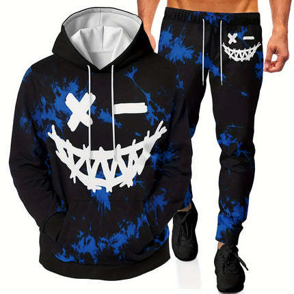 Monster Face Print, Men's 2Pcs Outfits, Casual Hoodies Long Sleeve Pullover Hooded Sweatshirt And Sweatpants Joggers Set For Winter Fall, Men's Clothing