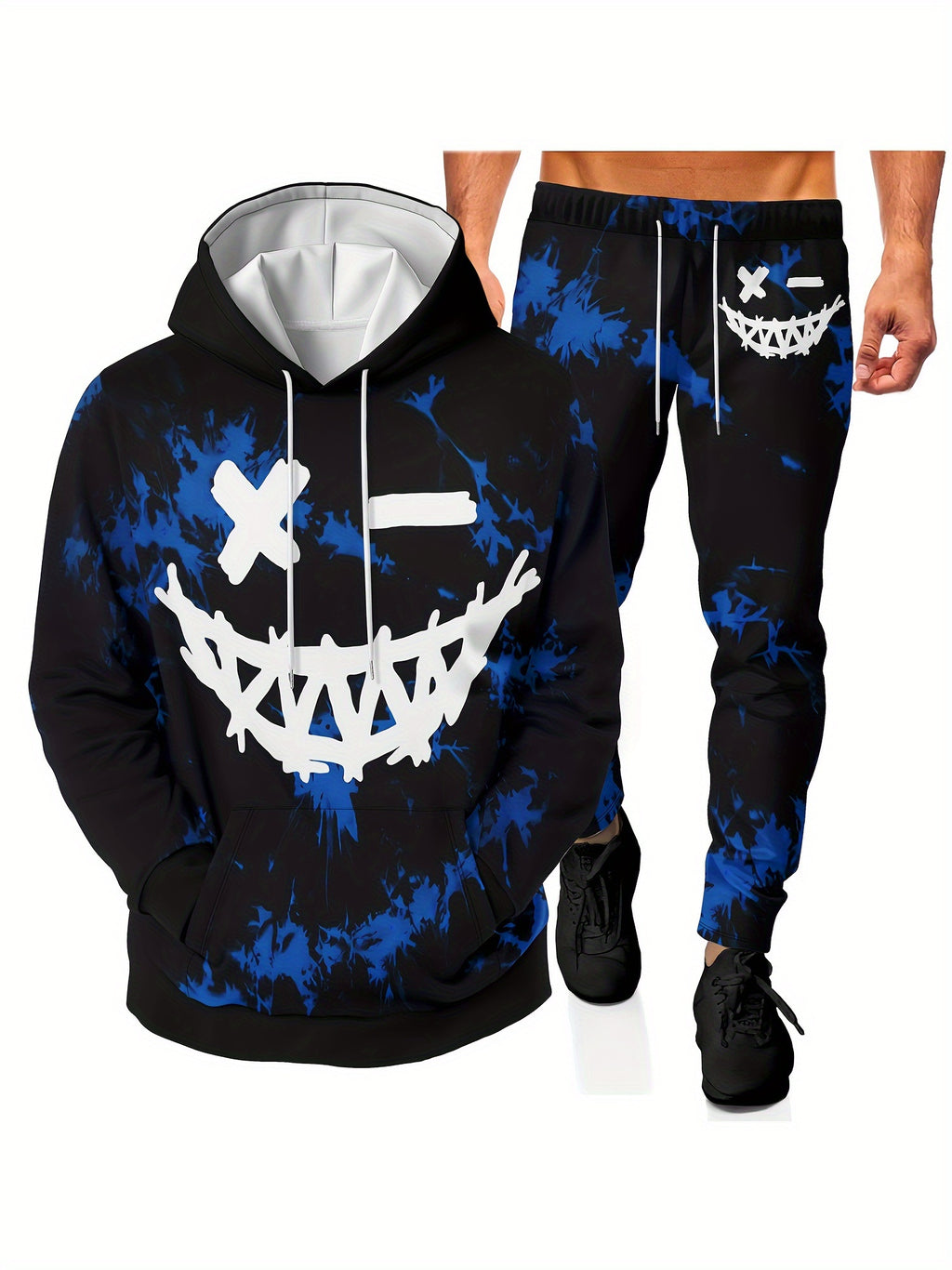 Monster Face Print, Men's 2Pcs Outfits, Casual Hoodies Long Sleeve Pullover Hooded Sweatshirt And Sweatpants Joggers Set For Winter Fall, Men's Clothing