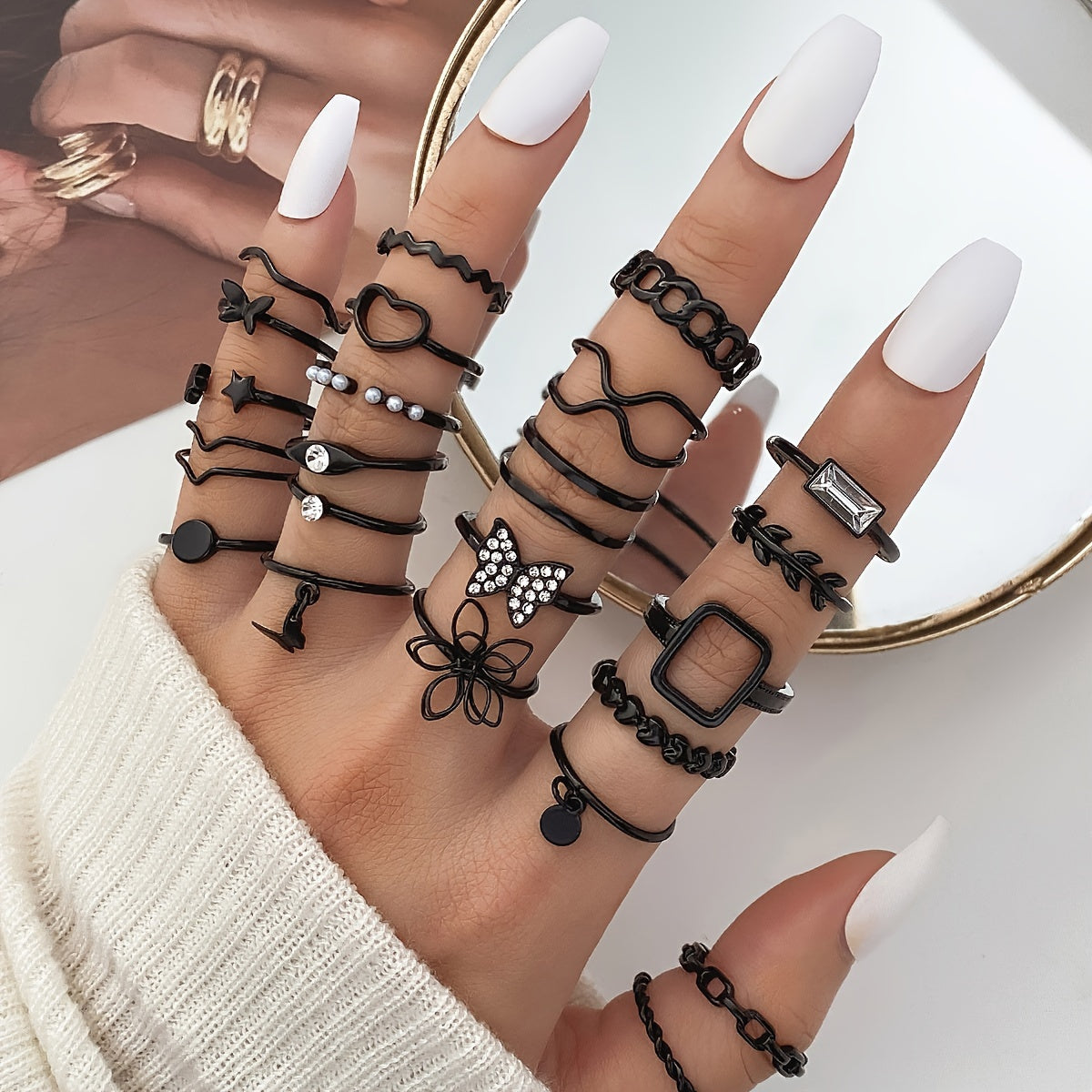 23pcs/set Gothic Ring Set Inlaid Rhinestone Trendy Butterfly Flower Heart Patterns Zinc Alloy Mix And Match For Daily Outfits Party Accessories