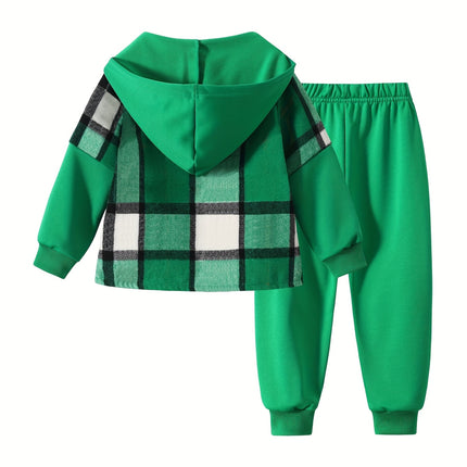 2pcs Fall/Winter Boys' Fashion Set New Arrival Boys' Clothing Long-Sleeve Plaid Hooded Sweatshirt Jacket Fashion Workwear Pants Set Ages 4-14 Holiday Gift Sports Set, for Outdoor