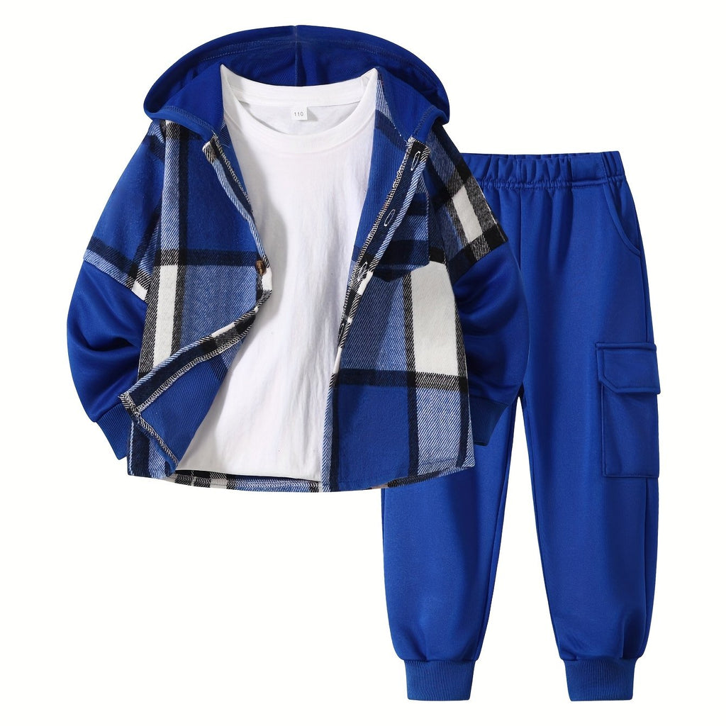 2pcs Fall/Winter Boys' Fashion Set New Arrival Boys' Clothing Long-Sleeve Plaid Hooded Sweatshirt Jacket Fashion Workwear Pants Set Ages 4-14 Holiday Gift Sports Set, for Outdoor