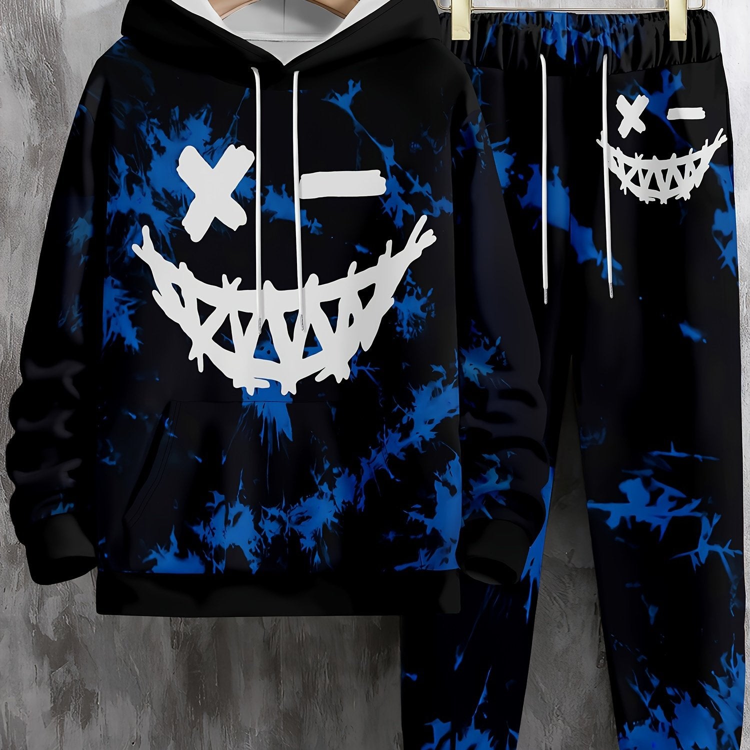 Monster Face Print, Men's 2Pcs Outfits, Casual Hoodies Long Sleeve Pullover Hooded Sweatshirt And Sweatpants Joggers Set For Winter Fall, Men's Clothing