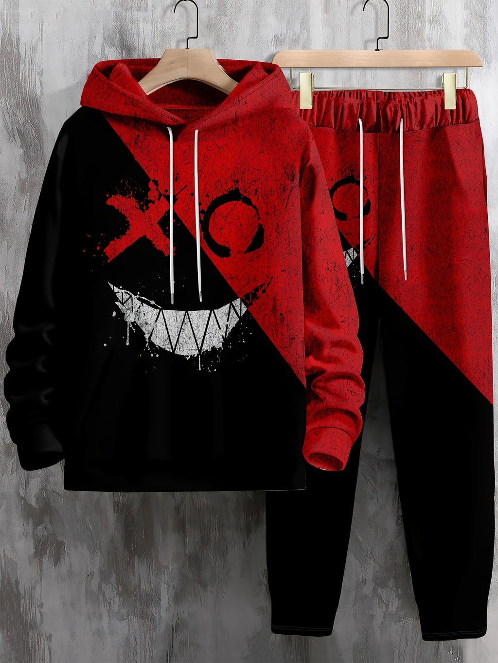 Monster Face Print, Men's 2Pcs Outfits, Casual Hoodies Long Sleeve Pullover Hooded Sweatshirt And Sweatpants Joggers Set For Winter Fall, Men's Clothing
