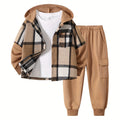 2pcs Fall/Winter Boys' Fashion Set New Arrival Boys' Clothing Long-Sleeve Plaid Hooded Sweatshirt Jacket Fashion Workwear Pants Set Ages 4-14 Holiday Gift Sports Set, for Outdoor