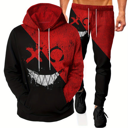 Monster Face Print, Men's 2Pcs Outfits, Casual Hoodies Long Sleeve Pullover Hooded Sweatshirt And Sweatpants Joggers Set For Winter Fall, Men's Clothing