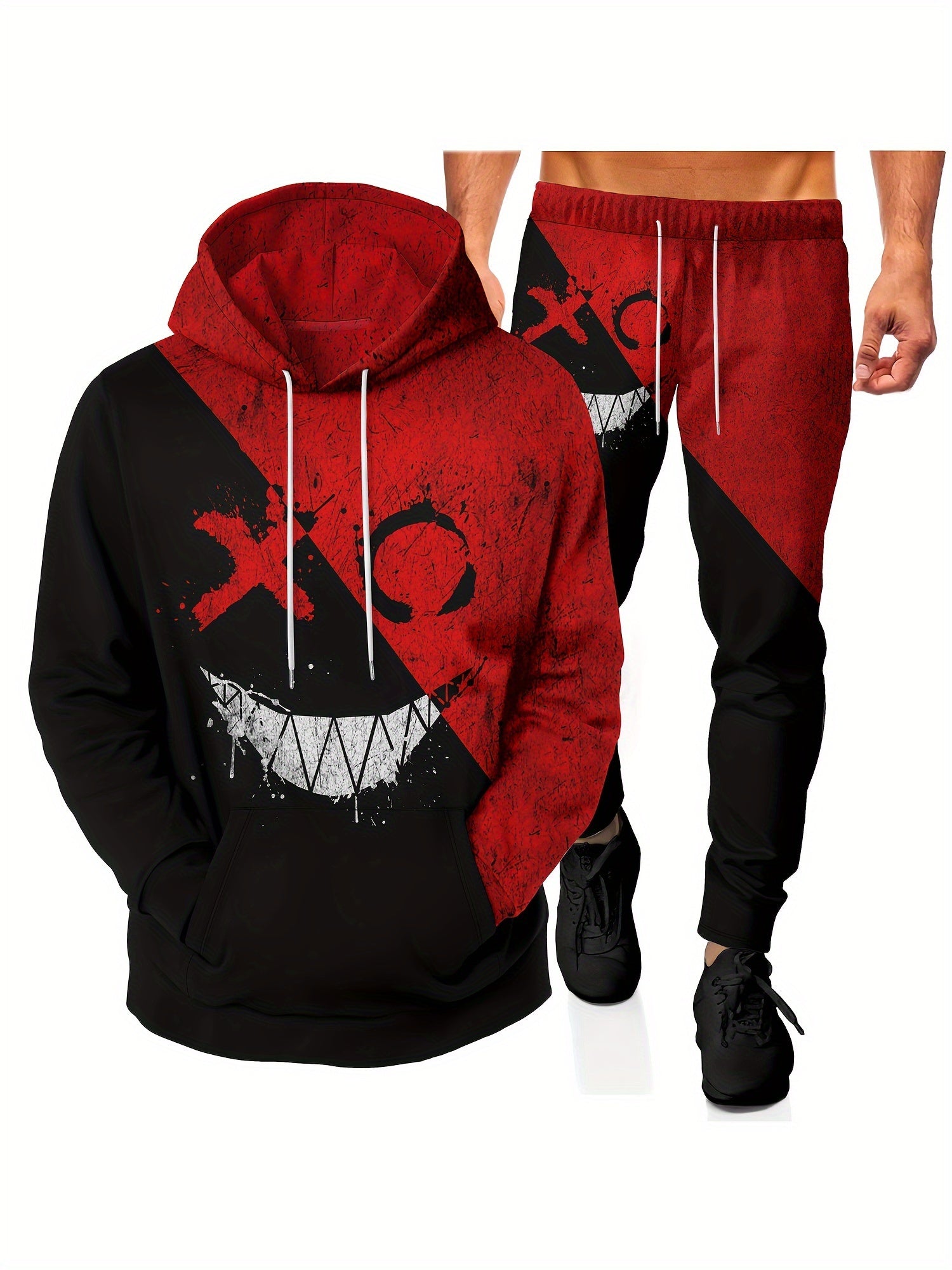 Monster Face Print, Men's 2Pcs Outfits, Casual Hoodies Long Sleeve Pullover Hooded Sweatshirt And Sweatpants Joggers Set For Winter Fall, Men's Clothing