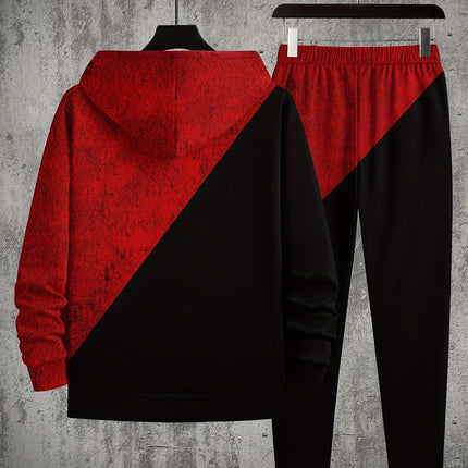 Monster Face Print, Men's 2Pcs Outfits, Casual Hoodies Long Sleeve Pullover Hooded Sweatshirt And Sweatpants Joggers Set For Winter Fall, Men's Clothing