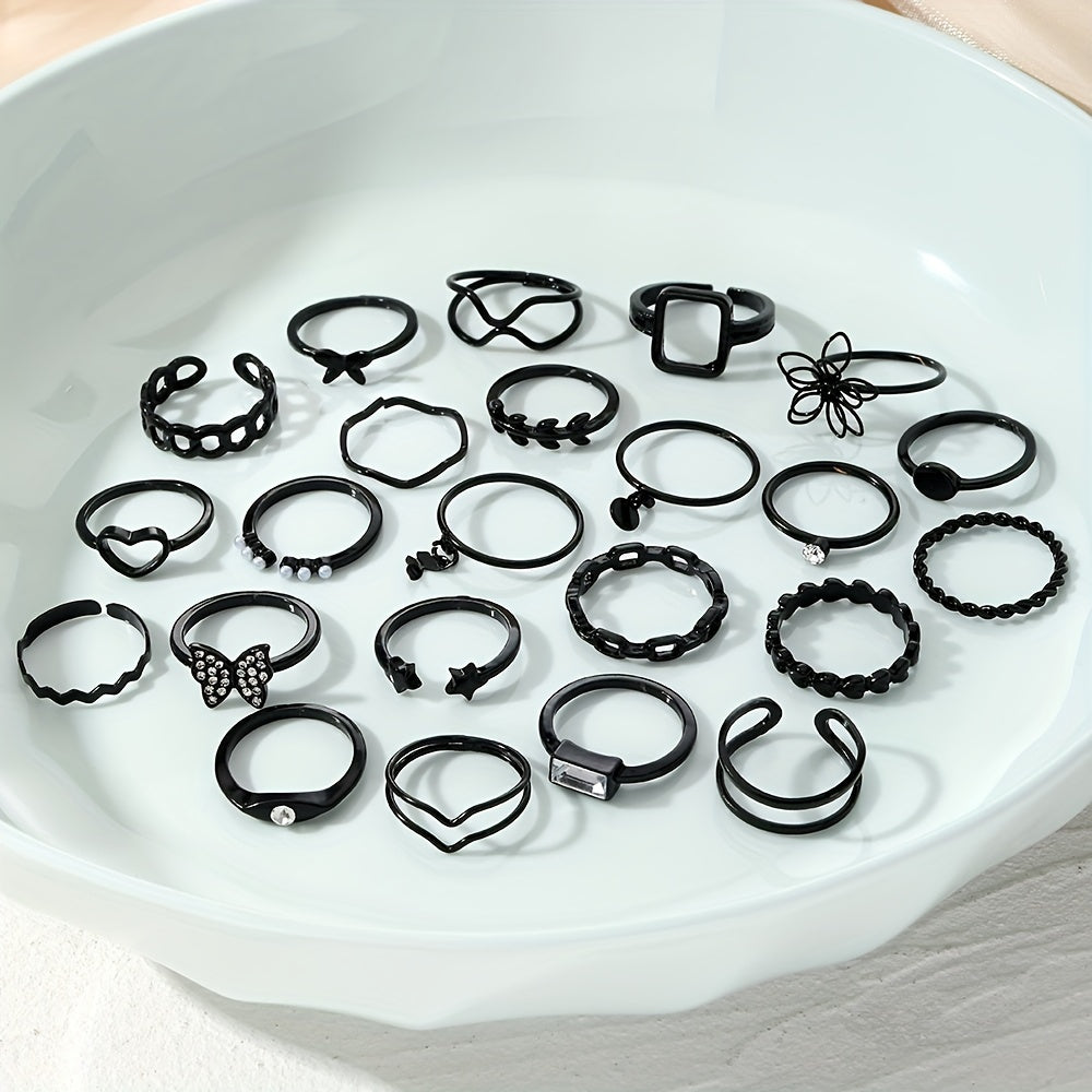23pcs/set Gothic Ring Set Inlaid Rhinestone Trendy Butterfly Flower Heart Patterns Zinc Alloy Mix And Match For Daily Outfits Party Accessories