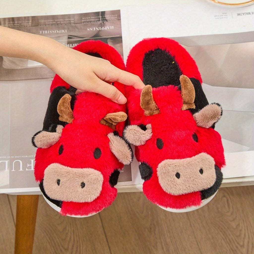 Cozy Home Cute Cartoon Cow Plush Half- Slippers, Couple Matching Style, Thickened and Warm