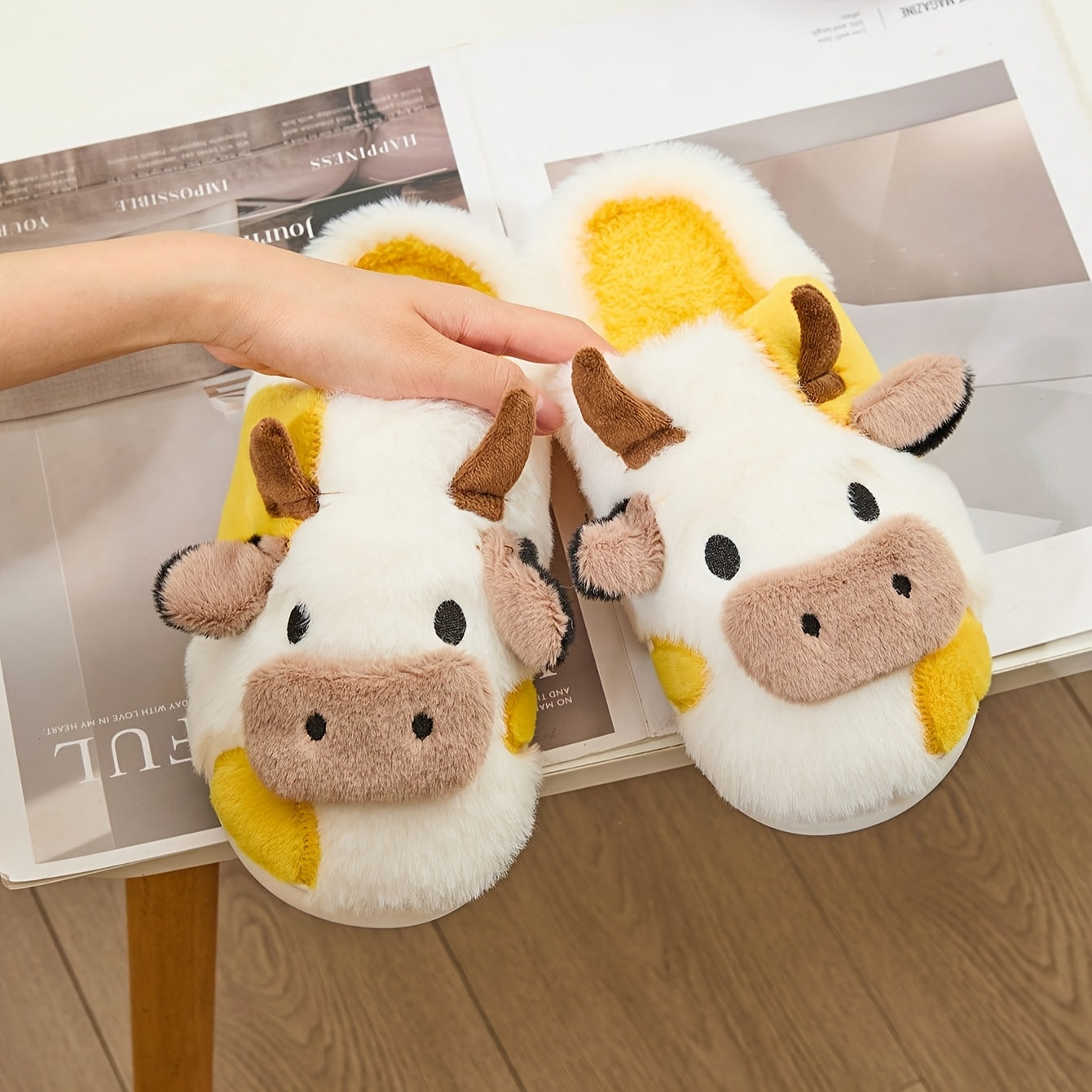 Cozy Home Cute Cartoon Cow Plush Half- Slippers, Couple Matching Style, Thickened and Warm