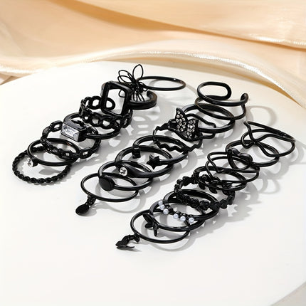 23pcs/set Gothic Ring Set Inlaid Rhinestone Trendy Butterfly Flower Heart Patterns Zinc Alloy Mix And Match For Daily Outfits Party Accessories