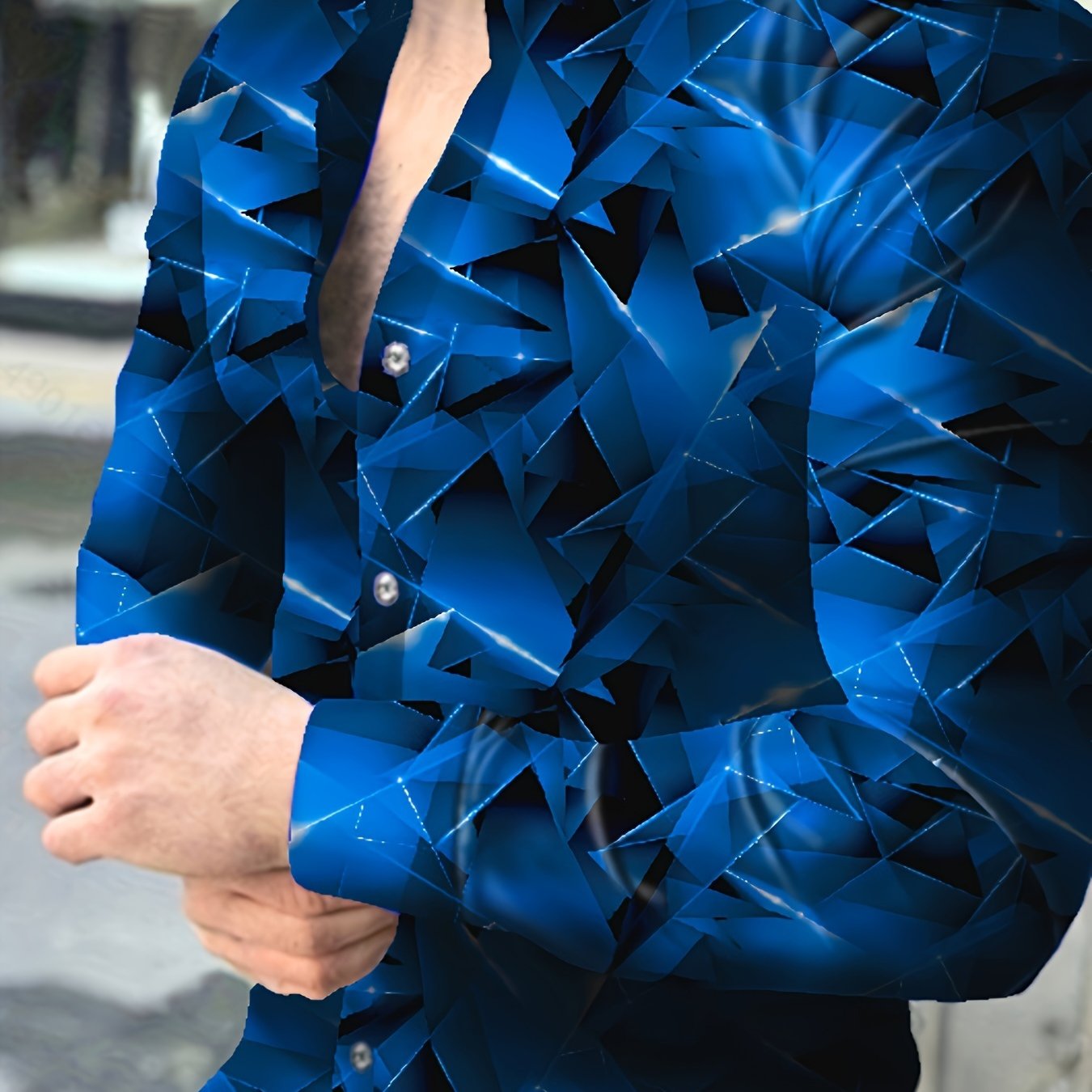 Geometric Pattern Men's Chic Long Sleeve Button Up Shirt, Spring Fall, Men's Clothing