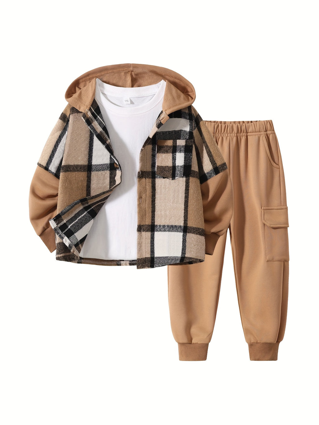 2pcs Fall/Winter Boys' Fashion Set New Arrival Boys' Clothing Long-Sleeve Plaid Hooded Sweatshirt Jacket Fashion Workwear Pants Set Ages 4-14 Holiday Gift Sports Set, for Outdoor