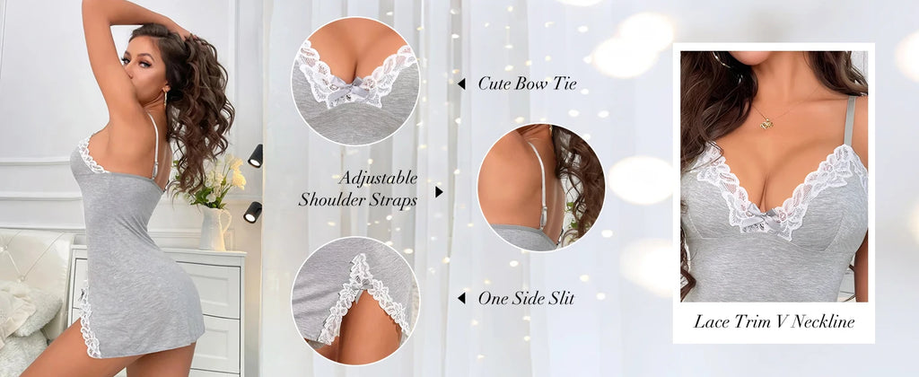 Lingerie for Women Sexy Night Gowns Lace Trim Sleep Dress V Neck Babydoll Chemise Dress Side Split Nighty