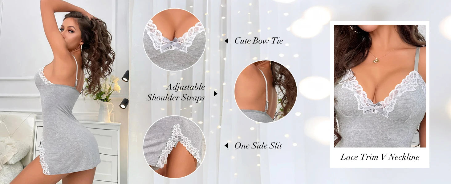 Lingerie for Women Sexy Night Gowns Lace Trim Sleep Dress V Neck Babydoll Chemise Dress Side Split Nighty