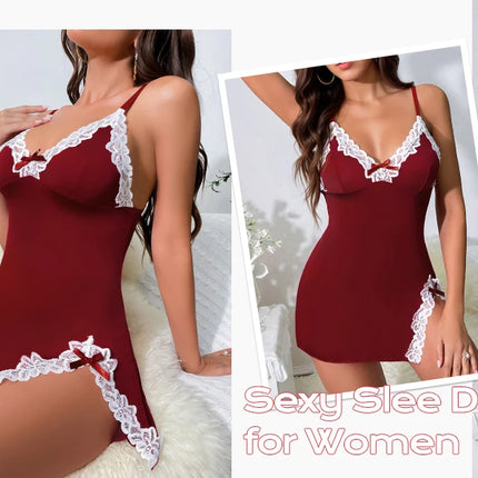Lingerie for Women Sexy Night Gowns Lace Trim Sleep Dress V Neck Babydoll Chemise Dress Side Split Nighty