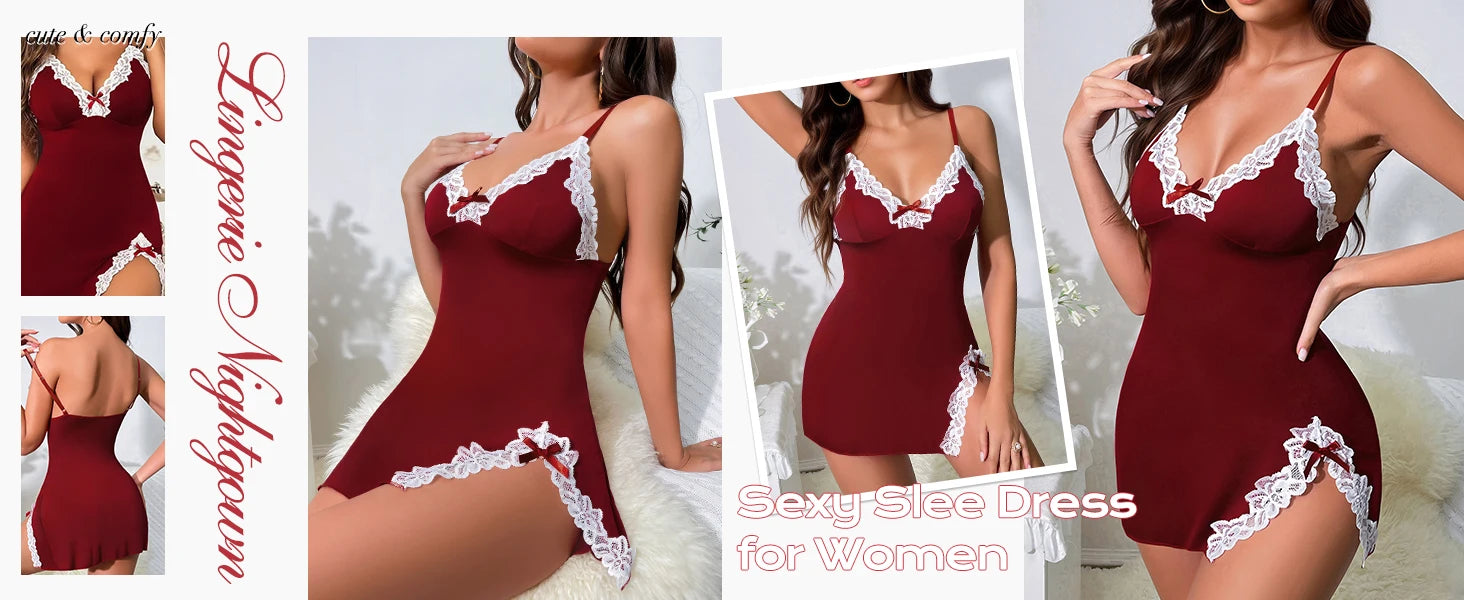Lingerie for Women Sexy Night Gowns Lace Trim Sleep Dress V Neck Babydoll Chemise Dress Side Split Nighty