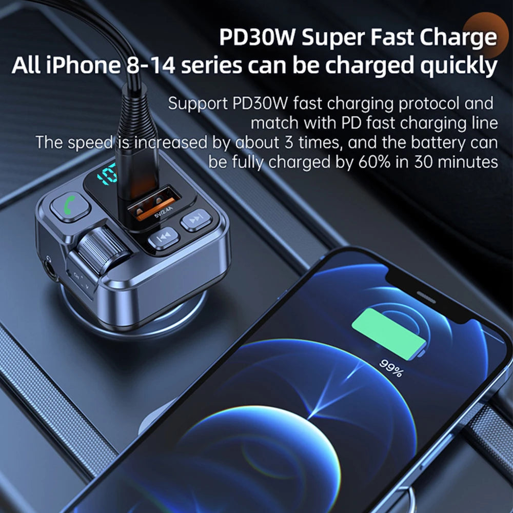 Car Bluetooth Receiver USB U Disk Read PD20w Fast Charging Digital Display Car Mobile Phone Adapter FM Transmiter For Cellphones