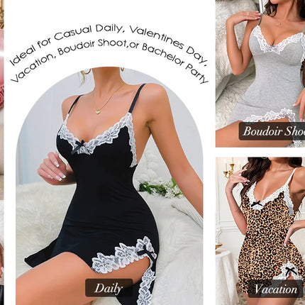 Lingerie for Women Sexy Night Gowns Lace Trim Sleep Dress V Neck Babydoll Chemise Dress Side Split Nighty
