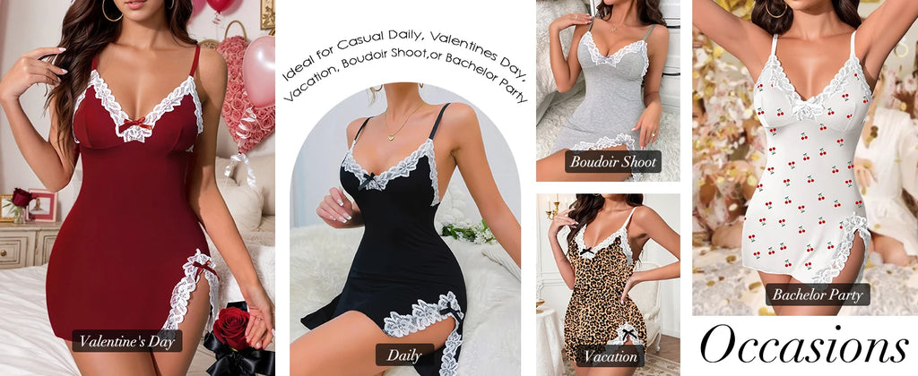 Lingerie for Women Sexy Night Gowns Lace Trim Sleep Dress V Neck Babydoll Chemise Dress Side Split Nighty