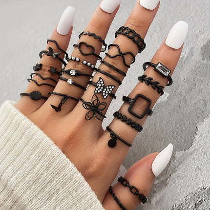 23pcs/set Gothic Ring Set Inlaid Rhinestone Trendy Butterfly Flower Heart Patterns Zinc Alloy Mix And Match For Daily Outfits Party Accessories