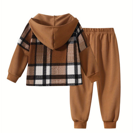 2pcs Fall/Winter Boys' Fashion Set New Arrival Boys' Clothing Long-Sleeve Plaid Hooded Sweatshirt Jacket Fashion Workwear Pants Set Ages 4-14 Holiday Gift Sports Set, for Outdoor