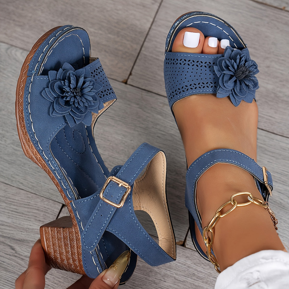 Women Summer Wedge Sandals Floral Peep Toe Shoes Woman Platform Ankle Strap Sandal