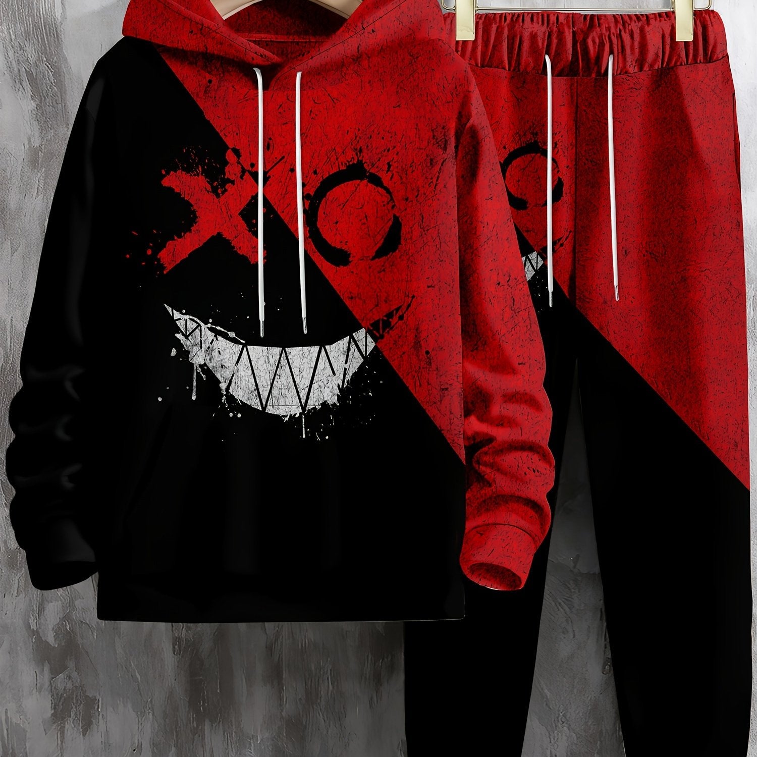 Monster Face Print, Men's 2Pcs Outfits, Casual Hoodies Long Sleeve Pullover Hooded Sweatshirt And Sweatpants Joggers Set For Winter Fall, Men's Clothing