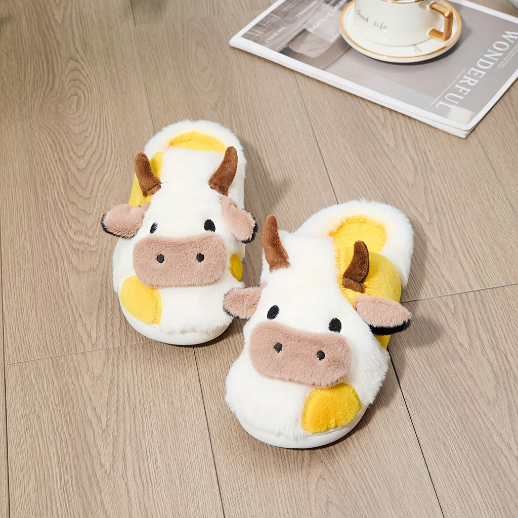 Cozy Home Cute Cartoon Cow Plush Half- Slippers, Couple Matching Style, Thickened and Warm
