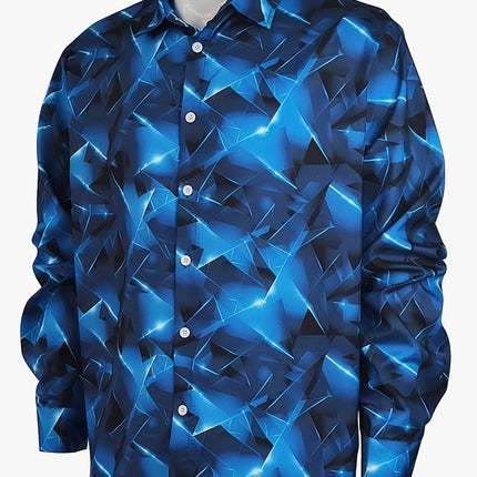 Geometric Pattern Men's Chic Long Sleeve Button Up Shirt, Spring Fall, Men's Clothing