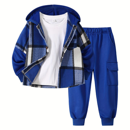 2pcs Fall/Winter Boys' Fashion Set New Arrival Boys' Clothing Long-Sleeve Plaid Hooded Sweatshirt Jacket Fashion Workwear Pants Set Ages 4-14 Holiday Gift Sports Set, for Outdoor