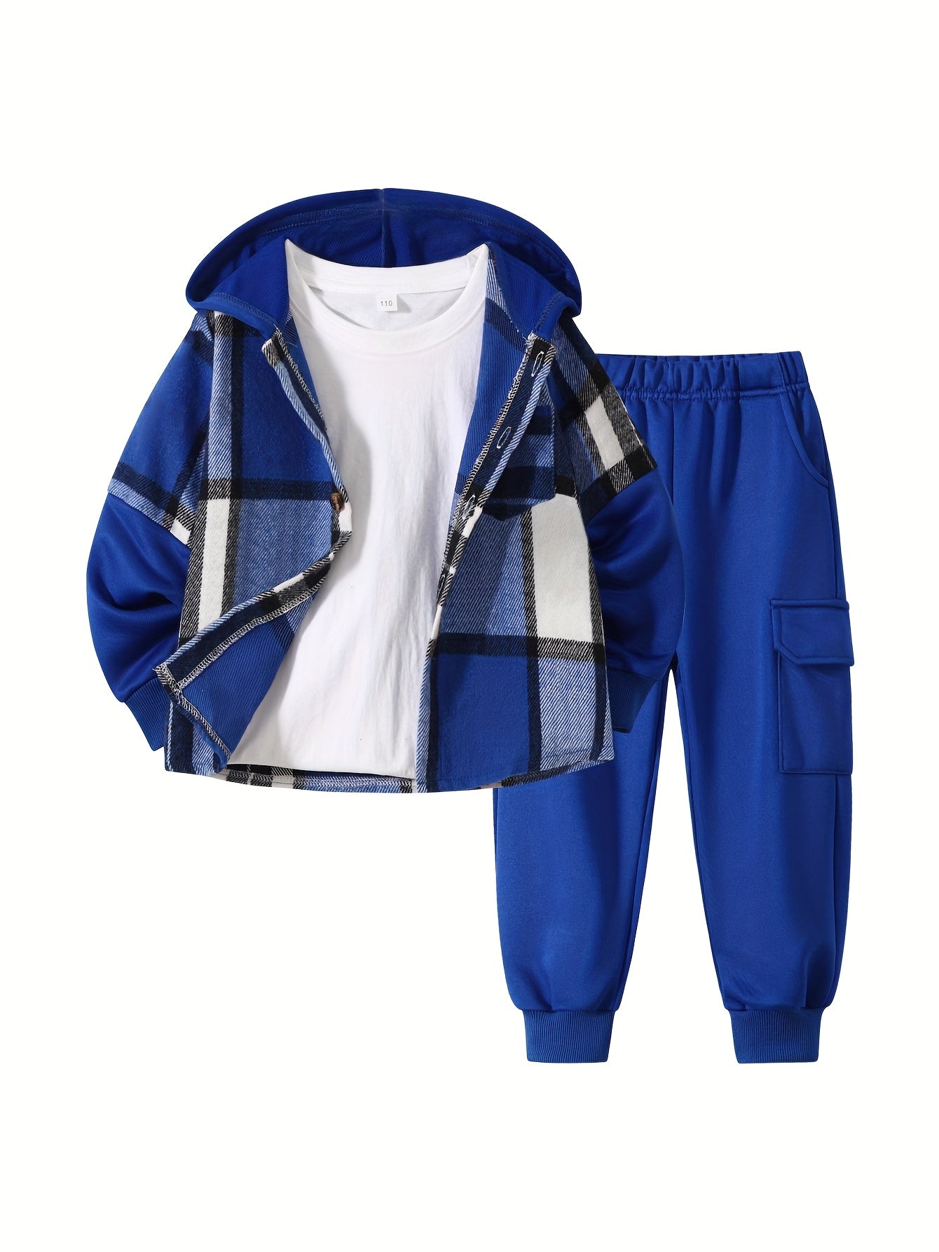 2pcs Fall/Winter Boys' Fashion Set New Arrival Boys' Clothing Long-Sleeve Plaid Hooded Sweatshirt Jacket Fashion Workwear Pants Set Ages 4-14 Holiday Gift Sports Set, for Outdoor