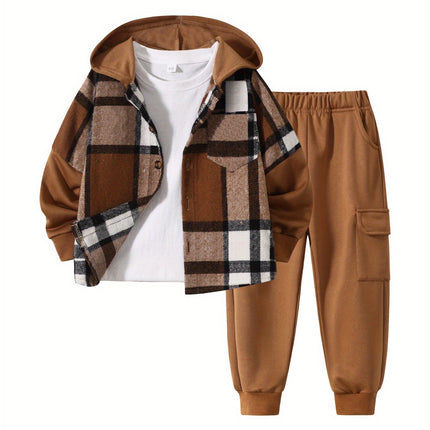 2pcs Fall/Winter Boys' Fashion Set New Arrival Boys' Clothing Long-Sleeve Plaid Hooded Sweatshirt Jacket Fashion Workwear Pants Set Ages 4-14 Holiday Gift Sports Set, for Outdoor