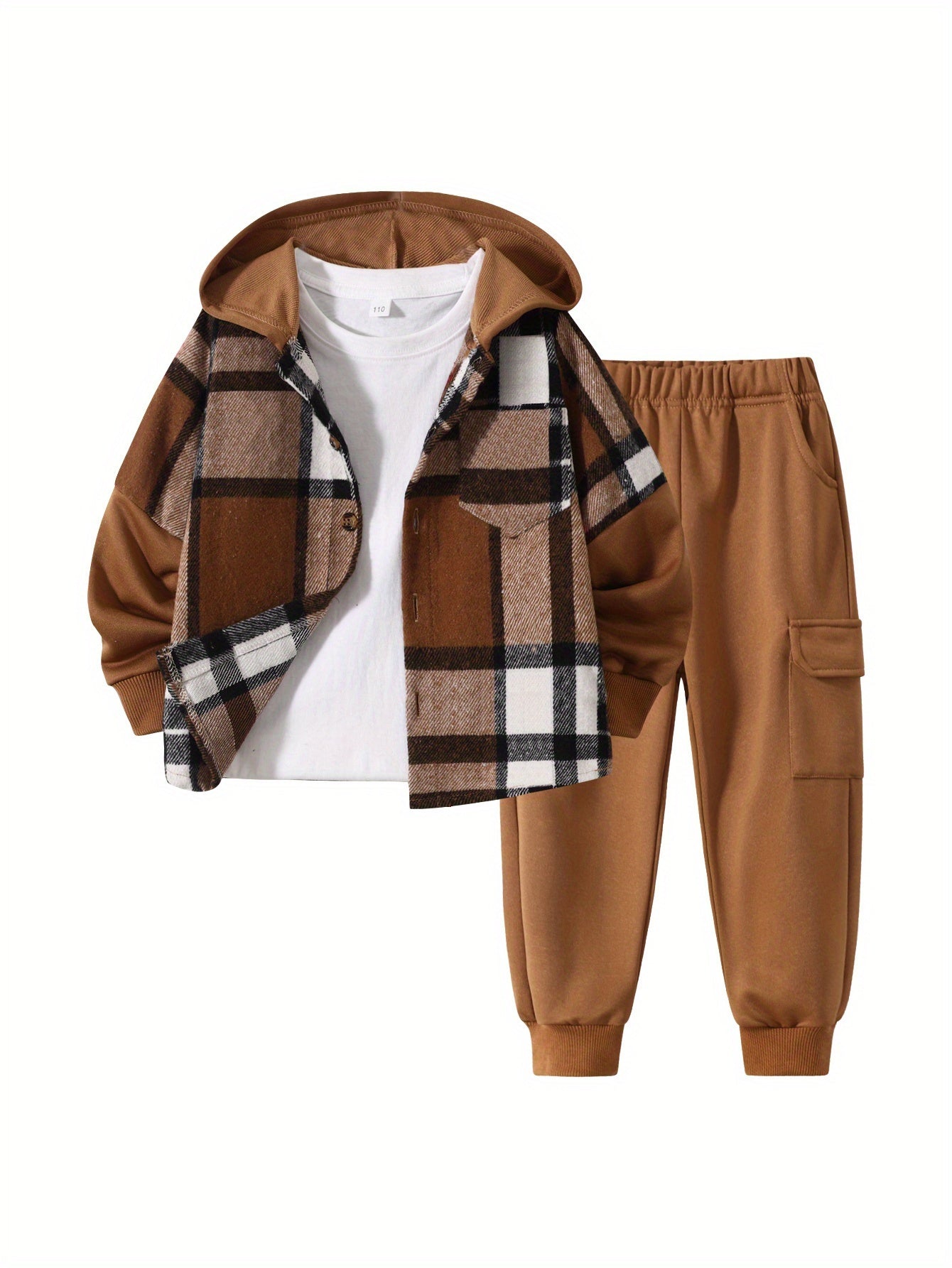 2pcs Fall/Winter Boys' Fashion Set New Arrival Boys' Clothing Long-Sleeve Plaid Hooded Sweatshirt Jacket Fashion Workwear Pants Set Ages 4-14 Holiday Gift Sports Set, for Outdoor