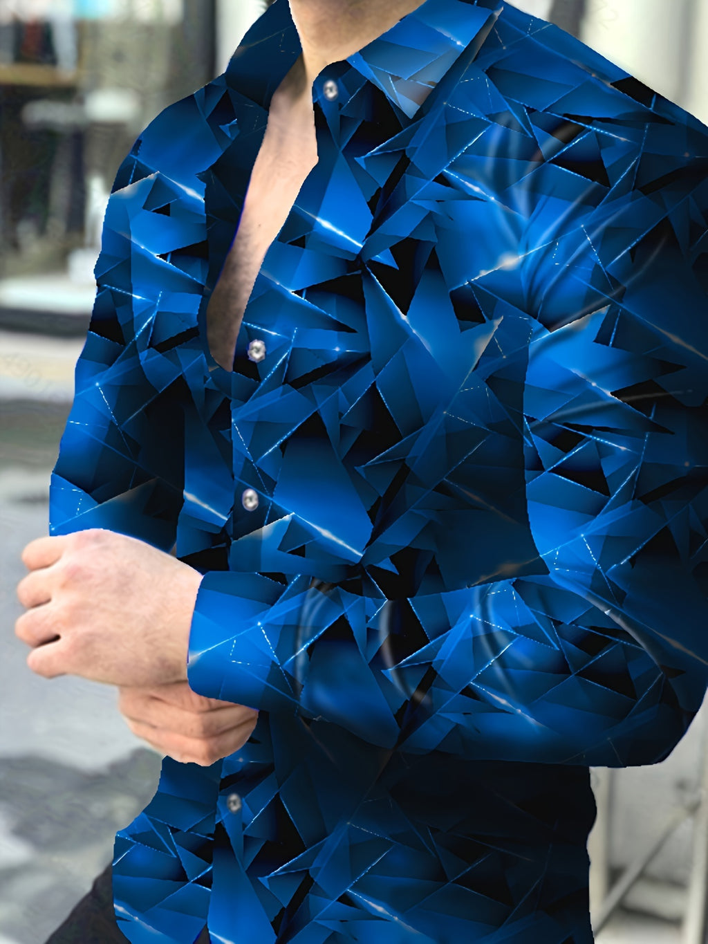 Geometric Pattern Men's Chic Long Sleeve Button Up Shirt, Spring Fall, Men's Clothing