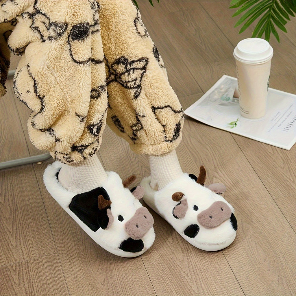 Cozy Home Cute Cartoon Cow Plush Half- Slippers, Couple Matching Style, Thickened and Warm