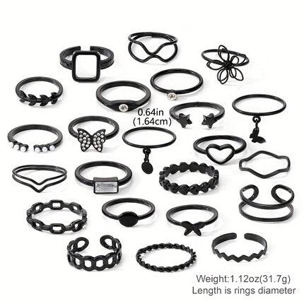 23pcs/set Gothic Ring Set Inlaid Rhinestone Trendy Butterfly Flower Heart Patterns Zinc Alloy Mix And Match For Daily Outfits Party Accessories