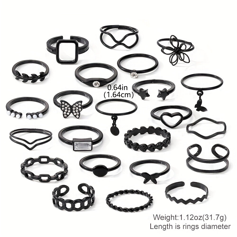 23pcs/set Gothic Ring Set Inlaid Rhinestone Trendy Butterfly Flower Heart Patterns Zinc Alloy Mix And Match For Daily Outfits Party Accessories