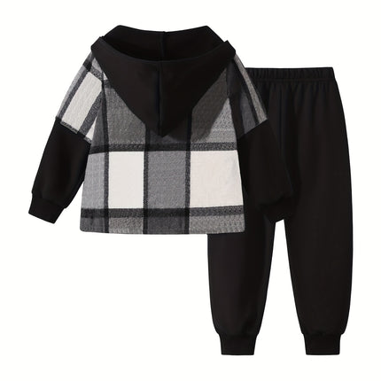 2pcs Fall/Winter Boys' Fashion Set New Arrival Boys' Clothing Long-Sleeve Plaid Hooded Sweatshirt Jacket Fashion Workwear Pants Set Ages 4-14 Holiday Gift Sports Set, for Outdoor