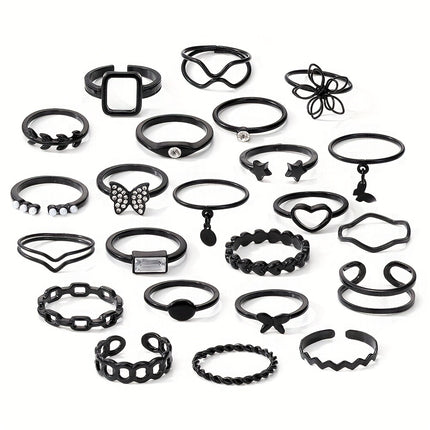 23pcs/set Gothic Ring Set Inlaid Rhinestone Trendy Butterfly Flower Heart Patterns Zinc Alloy Mix And Match For Daily Outfits Party Accessories