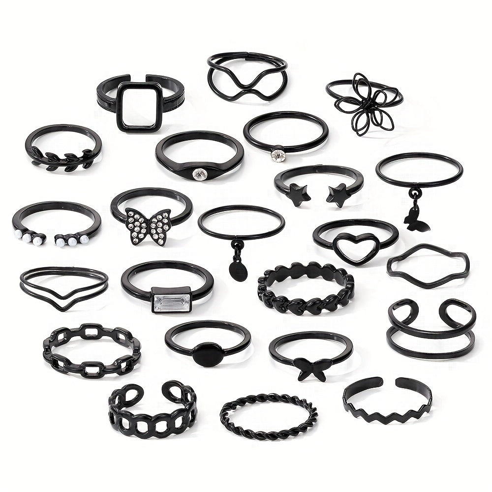 23pcs/set Gothic Ring Set Inlaid Rhinestone Trendy Butterfly Flower Heart Patterns Zinc Alloy Mix And Match For Daily Outfits Party Accessories