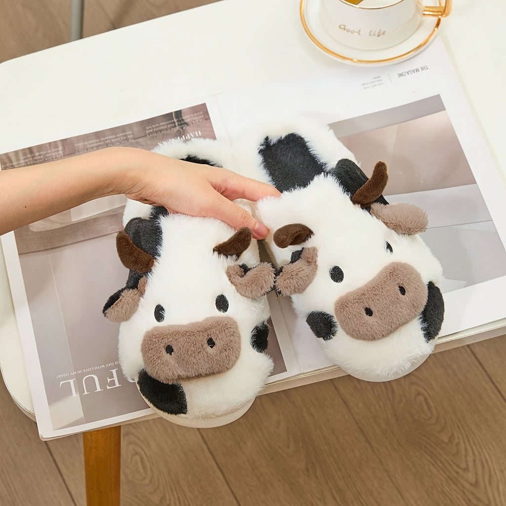 Cozy Home Cute Cartoon Cow Plush Half- Slippers, Couple Matching Style, Thickened and Warm